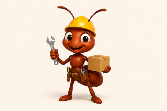 Cute cartoon worker ant mascot holding wrench and cardboard box