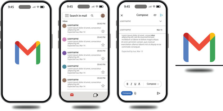 Gmail UI Mockup on iPhone 17 Pro Max with mockups with inbox, email list, message layout, splash screen. compose mail layout, application splash screen, and isolated envelope icon. Vector editorial. G