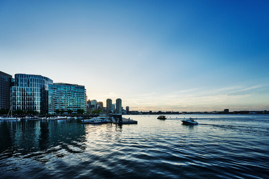 The Boston Seaport district along Fan Pier at sunset, Massachusetts, New England