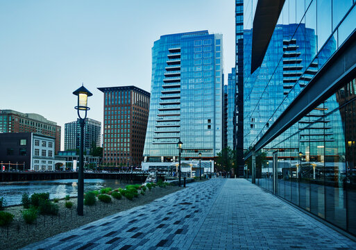The Boston Harborwalk, Seaport District also known as the South Boston Waterfront, Massachusetts, New England