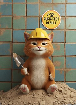 Smug ginger construction cat beside a badly tiled wall with a &ldquo;PURR-FECT RESULT&rdquo; sticker in a humorous 3D character scene
