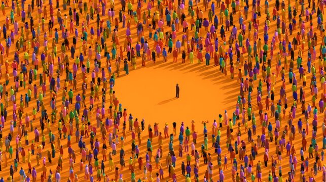 Crowd gathers in a bright orange space during an event with many people standing close together and one person in the center