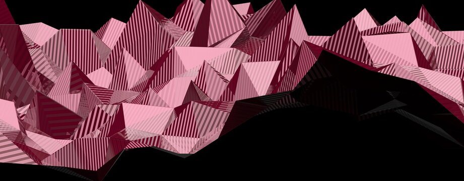 Abstract digital landscape of pink geometric shapes and patterns with striking striped textures.