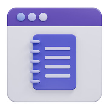 3D rendered icon of a digital notebook interface window.