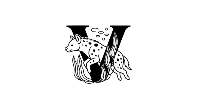 Vintage Illustration of Wolf and Fish in Letter V.
