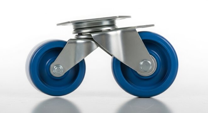 Close-up of a blue swivel caster wheel with metal mounting bracket, showcasing its rotation and industrial design.