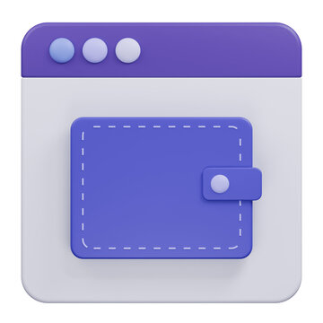 3D rendered icon of a digital wallet inside a browser window interface.