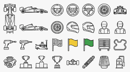 Naklejka premium Elegant Racing and Motorsport Iconography Collection Featuring Vehicles Equipment and Symbols with high professional line art symbols for modern creative design and digital branding projects