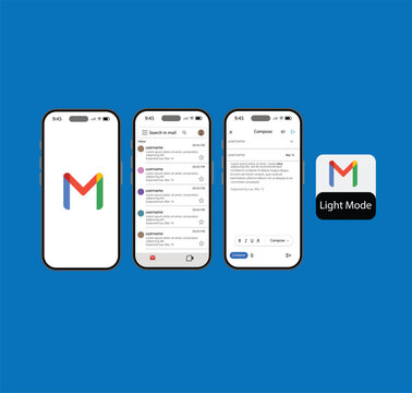 Mobile Gmail interface in light mode showing inbox with messages, compose screen. Gmail UI Mockup on iPhone 17 Pro Max with Inbox, Compose. Vector editorial. Gmail Template Gmail screen social media
