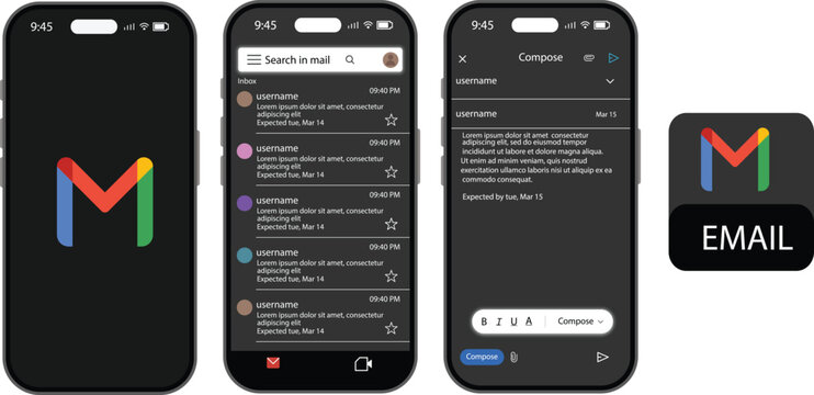 Email app interface mockup vector set with dark theme smartphone screens, dark mode inbox message list. compose mail layout, application splash screen. Vector editorial. Gmail Template Gmail screen so