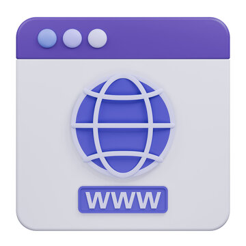 3D rendered icon of a web browser window with a globe symbol.