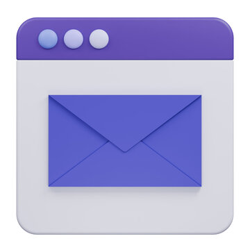 3D rendered icon of a purple email envelope inside a browser window.