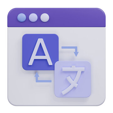 3D rendered icon representing language translation software interface.