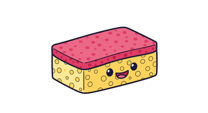Adorable cartoon yellow cleaning sponge character with red scrubbing layer and happy smiling face drawing.
