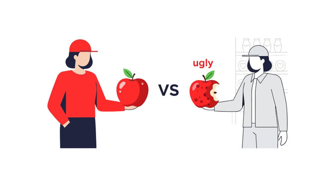 Quality Control Comparison of Perfect Fresh Red Apple vs Ugly Damaged Fruit - Sustainable Food and Waste Reduction Concept Illustration