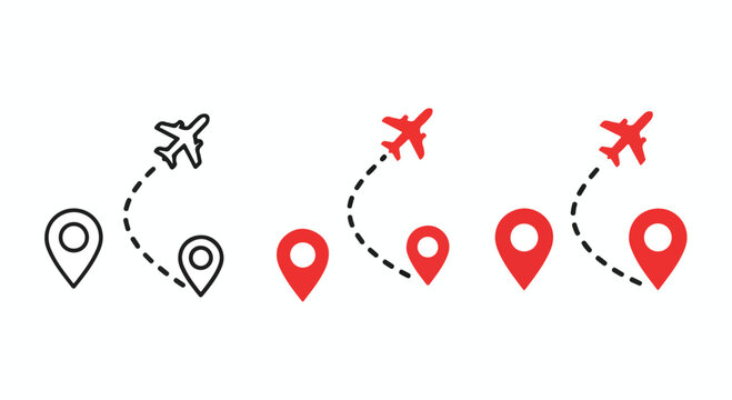 Simple illustration of an airplane flying along a curved path connecting multiple location markers on a travel route