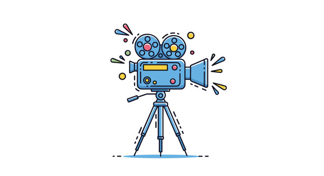 Cute retro blue cinema projector camera on a tripod with colorful sparks and rays in modern line style.