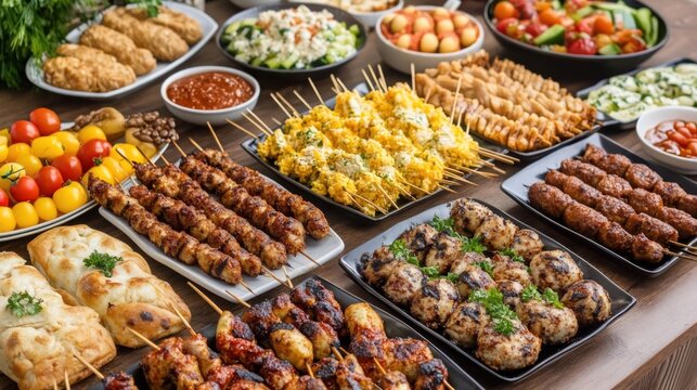 Abundant Feast of Delicious Grilled Meats and Fresh Salads.