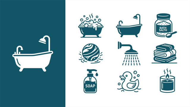 Bathroom icons set: bathtub illustration with bath salts, soap, towels, rubber duck, candle, bath bomb and accessories for spa, wellness, or interior-design visuals.  Symbols vector illustration.