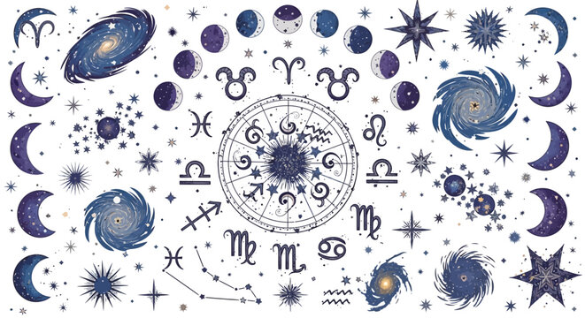 Seamless pattern with zodiac signs, moon phases, and cosmic elements on white background