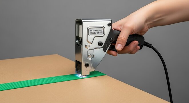 Hand holding battery powered friction strapping tool securing green strap around cardboard box for packaging and shipping