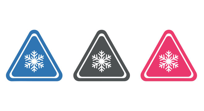 Set of three colorful warning traffic signs with snowflake symbols indicating icy or winter road conditions