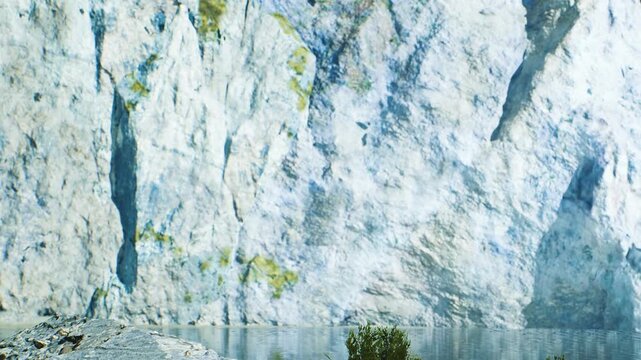 A cave entrance is visible near a body of water. The walls are rocky and light reflects off the surface. A small plant grows on a rock near the water.