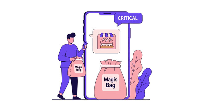 Food Waste Reduction Mobile App Illustration: Man Ordering Magic Bag of Surplus Bakery Goods, Sustainable Grocery Shopping and Eco-Friendly Lifestyle Concept