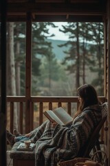 Fototapeta premium Slow Living Retreat with Books Tea and Forest Views
