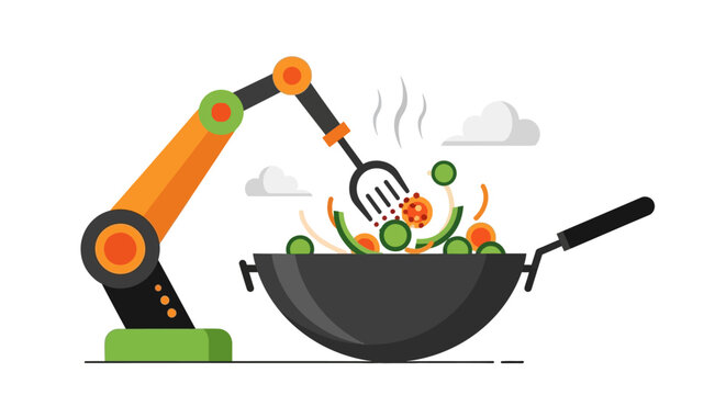 Automated Kitchen Technology Concept with Robotic Arm Cooking Healthy Vegetables in a Wok, Flat Vector Illustration