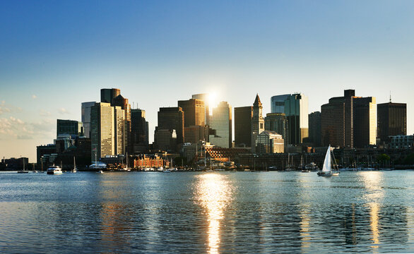 Scenic panoramic view of the Boston skyline and downtown financial district as viewed across the Boston Harbor., Boston, Massachusetts, New England, United States