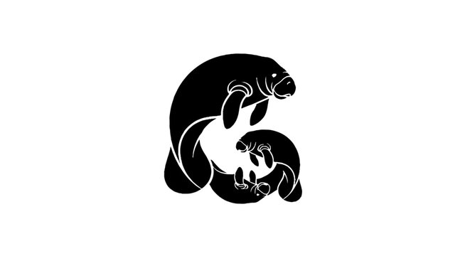 Black and white illustration of a manatee and calf.