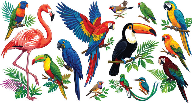 Exotic Tropical Birds Vector Illustration Collection with Detailed Flamingo Toucan Macaw Parrots and Jungle Leaves for Wild Nature and Zoo Theme Graphics