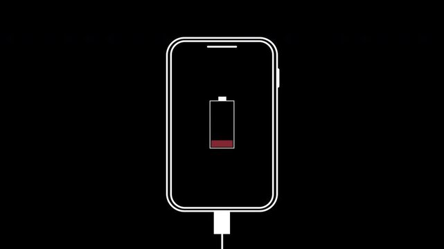 Low battery 0% smart phone charging animation on a transparent background, Smartphone USB cable connected to charging battery screen animation in 4K.