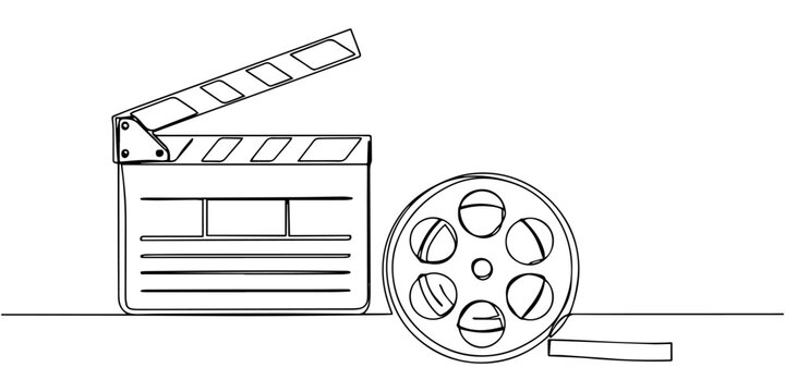 film clapperboard and a film reel  continuous one line drawing, Clapper board and film reel continuous one line drawing. Filmstrip linear element. Movie scene episode production concept. Vector 