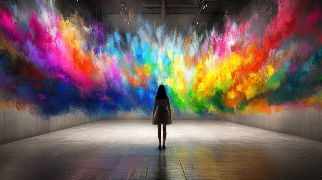 Woman stands before a vibrant explosion of colorful powder in an art installation.