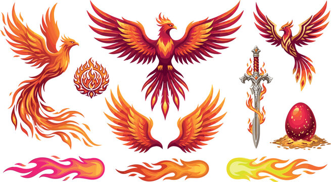 Mythical Fire Phoenix Vector Set with Rising Mythological Birds, Flaming Wings, Fireballs, Magic Sword, and Spotted Dragon Egg for Gaming Designs