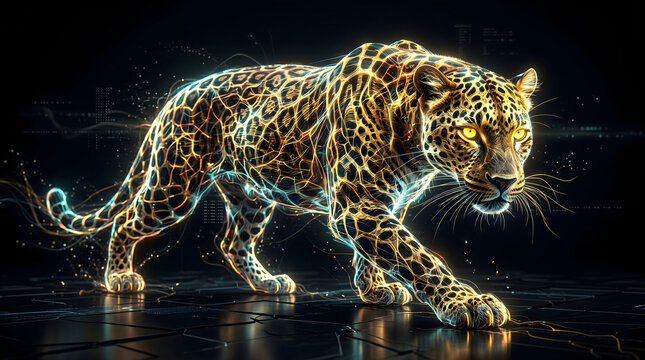 Digital art of a glowing leopard made of light trails and cybernetic patterns, futuristic neon predator walking on a dark tech surface, hightech wildlife concept