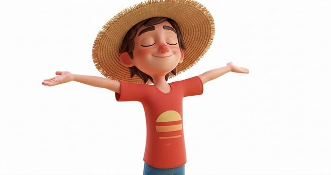 Cartoon child with hat arms raised against white backdrop