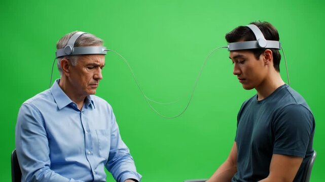 Two men wearing brainwave headbands during a scientific experiment against a green screen background.