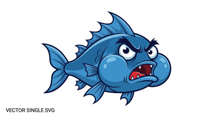 Fototapeta premium Angry blue cartoon fish with puffed cheeks and sharp teeth