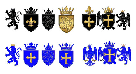 Medieval heraldic crests with lions crowns and shields © emily