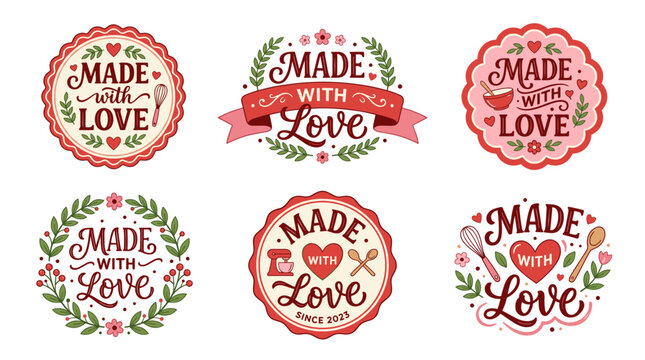 Collection of made with love designs featuring baking utensils, hearts, leaves, berries, and ribbons, ideal for small businesses and homemade goods branding