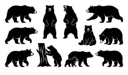 Fototapeta premium Black bear silhouette collection vector wildlife icon set