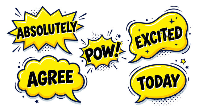 Enthusiastic comic bubbles with Absolutely and Excited text