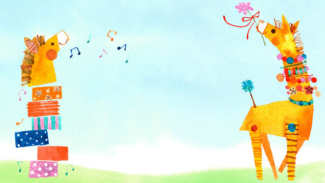 音符と可愛い動物たちが描かれた文字スペースのある水彩背景イラスト
 Cute watercolor background illustration with musical notes and animals, copy space