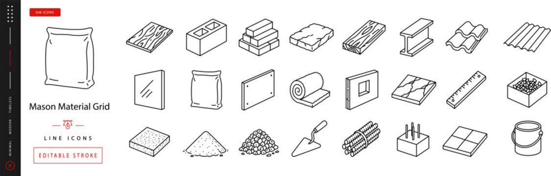 Mason Material Grid. Line icon set of Building Materials: cement bag, concrete block, brick stack, stone slab, timber plank, steel beam, glass pane, plywood sheet, drywall panel, insulation roll, roof