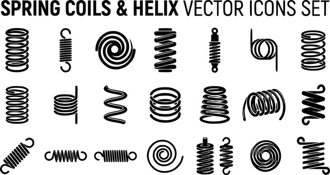 Spring coils. Metal spiral spring, car motor coil swirls silhouette, wire springs, metallic flexible coils and line steel curved spiral isolated vector icons set. black steel helix, suspension symbols