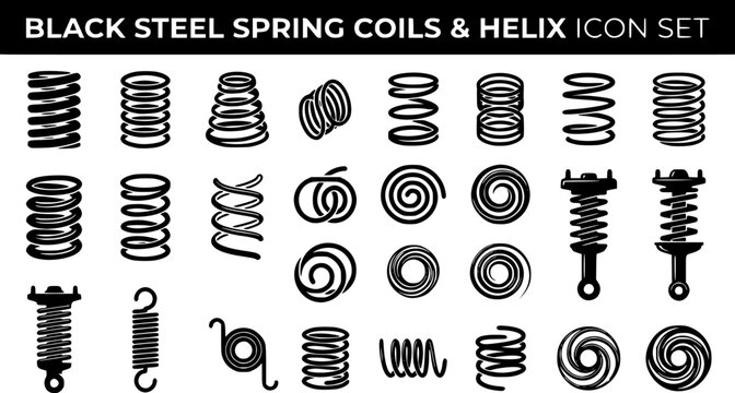 Spring coils. Metal spiral spring, car motor coil swirls silhouette, wire springs, metallic flexible coils and line steel curved spiral isolated vector icons set. black steel helix, suspension symbols