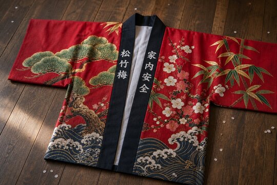 Vibrant Japanese happi coat with pine, bamboo, and plum patterns.